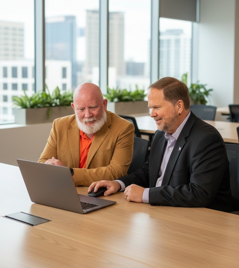 Jim and Tim, co-founders of OwnAiS, reviewing AI prompts on a laptop in a modern office